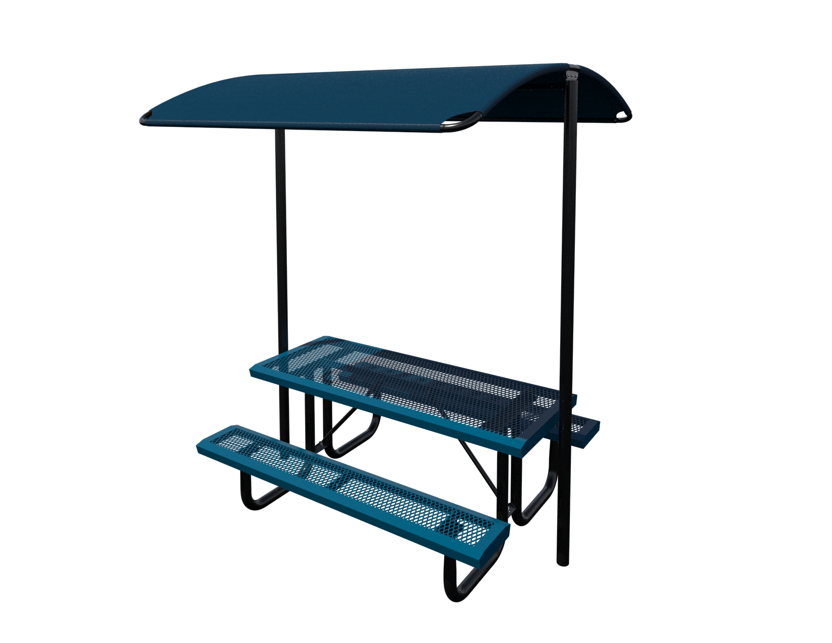 blue picnic table with a shade covering
