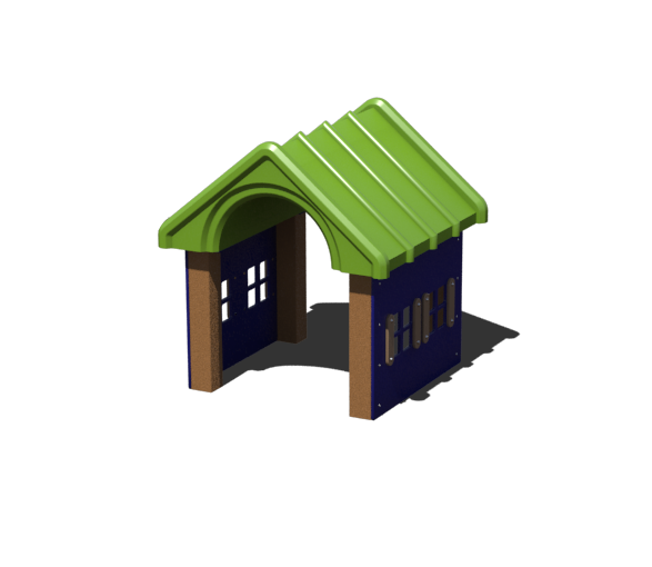 Dog house with green roof and brown walls